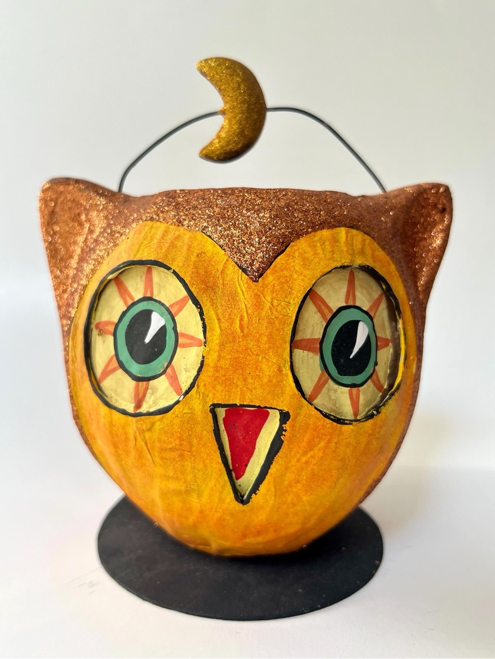 Vintage 90s Glittery Owl Decorative Halloween Bucket Pail Dept 56